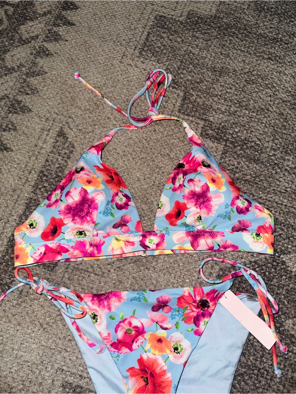 Victoria's Secret Floral Tie-String Bikini - Light Blue, Pink & Orange - Picture 2 of 5